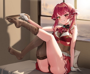 【宝鐘マリン】5月15日はストッキングの日らしいので、黒ストッキング脚がとってもエッチな初期衣装船長の二次画像【ホロライブ】