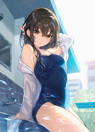 【スク水】暑いので、スクール水着姿が涼しげな水辺の女の子の画像