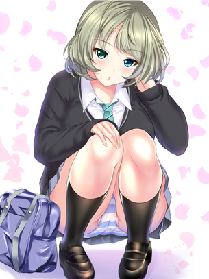 【二次】短いスカートでしゃがみ込んで正面からパンツが見えちゃってる“しゃがみパンチラ”のエロ画像