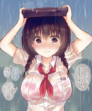 【傘が無い】雨に打たれる女子達の二次エロ画像