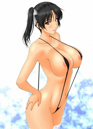 【二次】マイクロビキニというよりほとんど紐状の水着を付けた痴女系美女のエロ画像